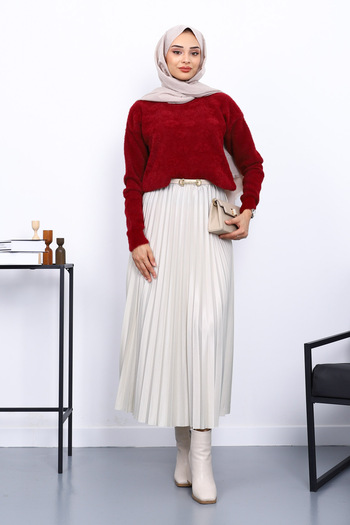 İmajButik Burgundy Crew Neck Angora Soft Knit Sweater