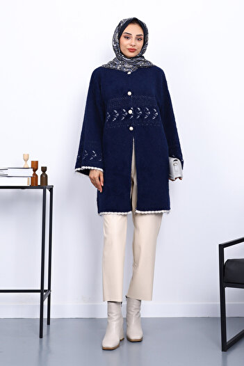 İmajButik Navy Blue Patterned Angora Soft Knit Cardigan