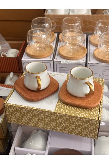 LeesHome 2-Piece Coffee Cup Set with Bamboo Coaster, Special Box (Gift)