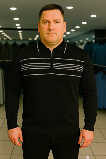 Maccali Men's Plus Size Striped Black Polo Zipper Sweatshirt