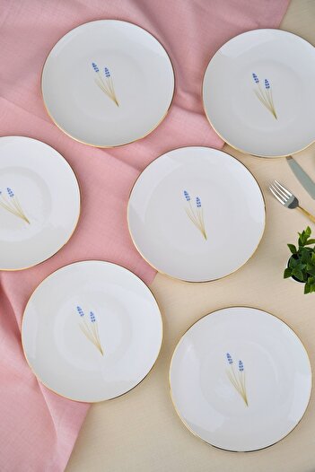 tabakevi Tabak Evi Porselen Natura Lavanta Altın Yaldız Pasta Tabağı 20,50cm 6 lı