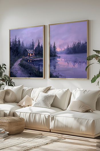 STARYUNA Wooden Framed Foggy Lake and Forest Hut Landscape Double Purple Painting Set Yuna424