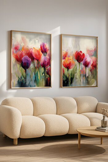 STARYUNA Wooden Framed Oil Painting Effect Colorful Tulip Flower Double Painting Set Yuna425