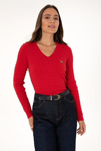 U.S. Polo Assn. Women's Red V-Neck Basic Sweater 50307700-Vr171