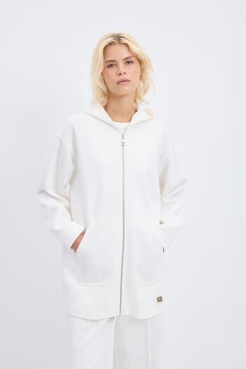 KADRİYE BAŞTÜRK Zippered Kangaroo Pocket Hooded Cardigan Ecru