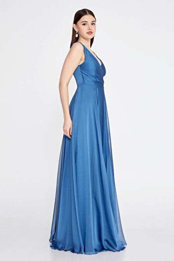 DORİDORCA Women's Deep Slit Thick Strap Evening Dress 5924055 Indigo