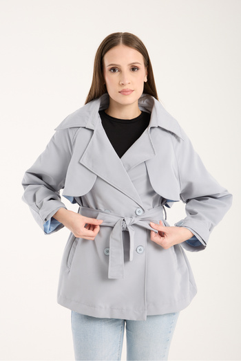 MODAMERSİ Women's Ice Blue Aller Detailed Lined Short Trench Coat