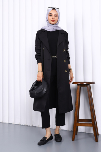 İmajButik Black Double Breasted Collar Buttoned Trench Coat