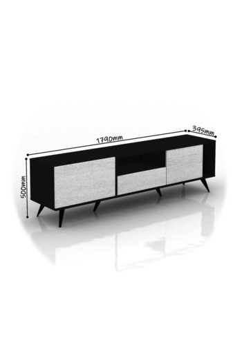 BAITY Rectangular TV Table with Fixed Base, 179 cm, Shelves and Drawers, Black & White