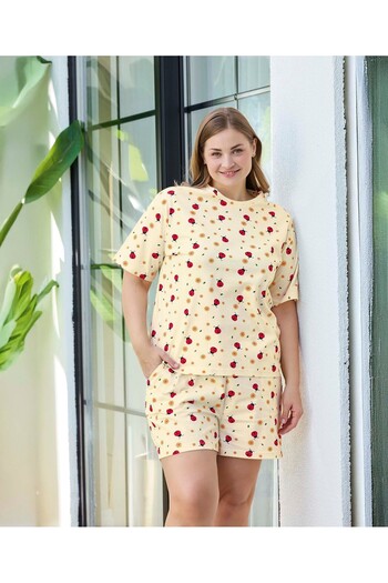 Aydoğan Yellow Patterned Plus Size Women's Shorts Set