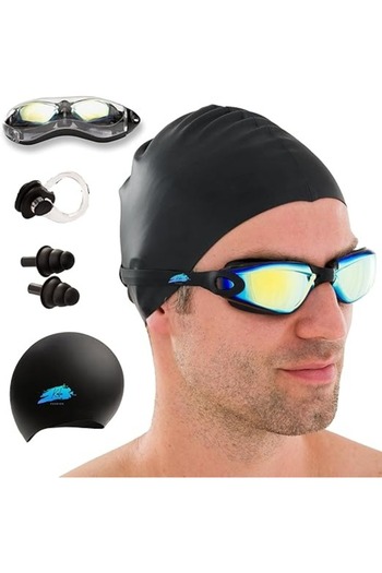 SUCITY 5-in-1 Anti-Fog Swimming Goggles Set with Cap, Earplugs & Nose Clip – UV Protection