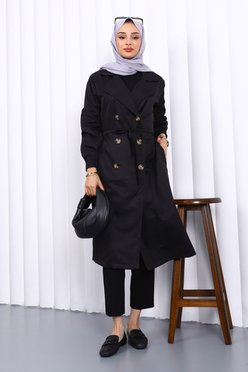 İmajButik Black Double Breasted Collar Buttoned Trench Coat