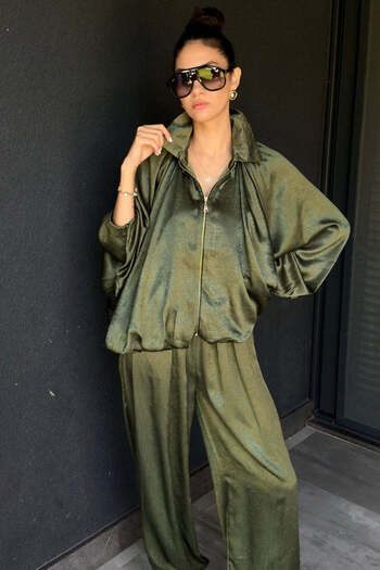 FABB Khaki Satin Bomber Jacket Baggy Pants Set