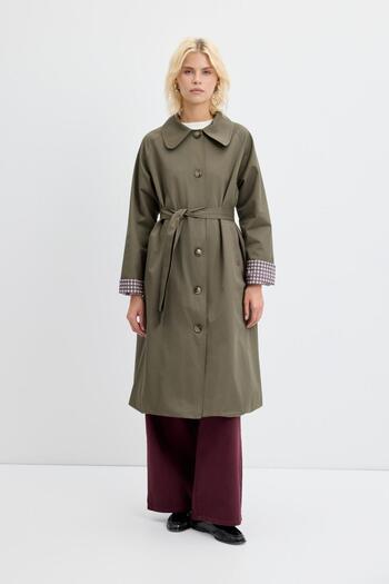 KADRİYE BAŞTÜRK Plaid Lined Belted Long Trench Coat Khaki