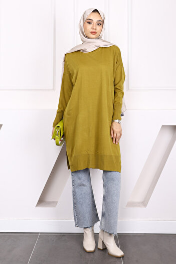 İmajButik Oil Green Mercerized Casual Knitwear Tunic
