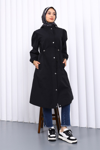 İmajButik Black Trench Coat with Snap Buttons and Elastic Waist