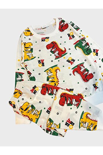 ALİŞ KİDS Boys' Cotton White Dinosaur Patterned Long Sleeve Pajama Set