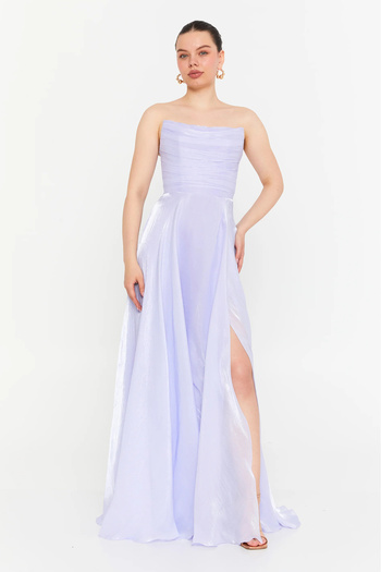 DORİDORCA Women's Strapless Chiffon Maxi Length Evening Dress 7066 Lilac