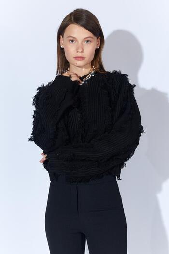 TENA Women's Black Front Tassel Detailed Sweater