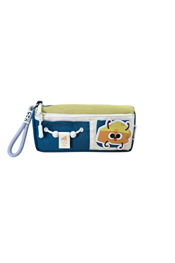 Elegance Yescholar Korean Style Two-Compartment Stickered Fabric Navy Blue-Mustard Pencil Case