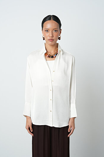 Orfeo Negro Women's V-Neck Ecru Color Gold Buttoned Shirt