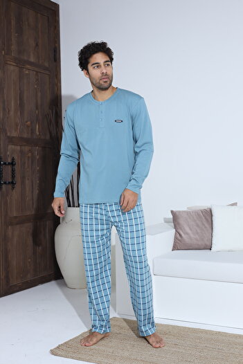 BOYRAZ Men's Pajama Set Blue - Shirt with Buttons and Metallic Detail, Long Plaid Pants, 100% Cotton