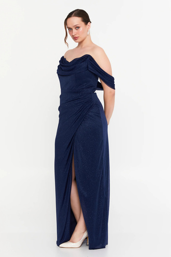 DORİDORCA Women's Plus Size Low Sleeve Long Evening Dress 6149 Navy Blue