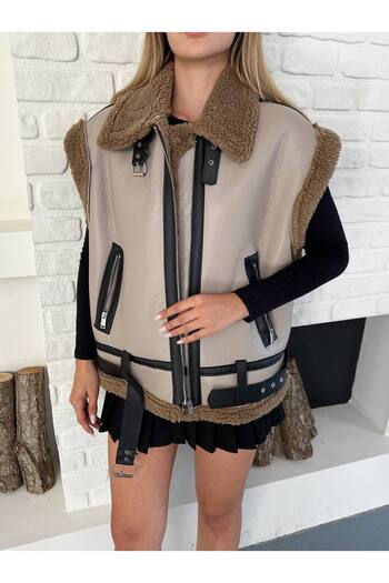 VESS MODA Women's Plush Laminated Leather Vest with Belt
