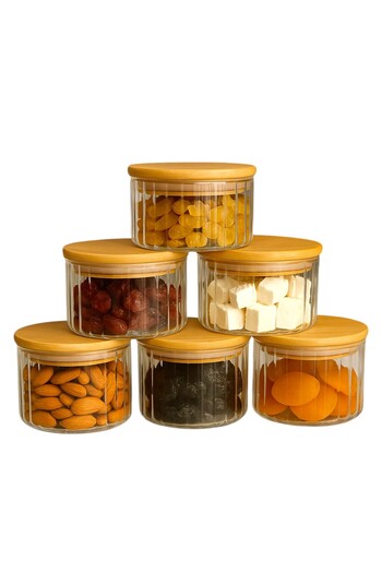 Denia Home |   Borrelia |   6-Piece Borosilicate Striped Glass Breakfast Set - Bamboo Lid with Leak-Proof Silicone