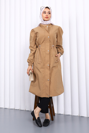 İmajButik Mink Trench Coat with Snap Buttons and Elastic Waist