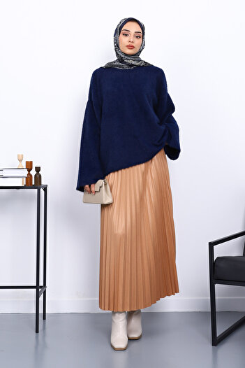 İmajButik Navy Blue Crew Neck Oversize Angora Soft Knit Sweater