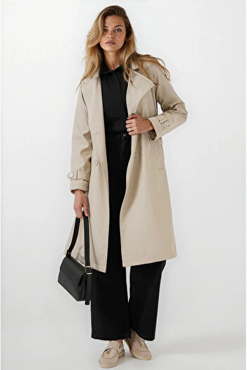 hazelin Women's Beige Double Breasted Collar Belted Lined Trench Coat Hzl25W-Bd159181