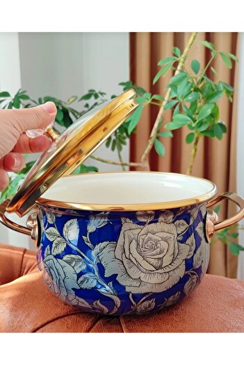 EBRULİEMAYE Navy Blue Rose Enamel Lux Pot 5 Liters 24 cm Diameter Milk Yogurt Soup Pot