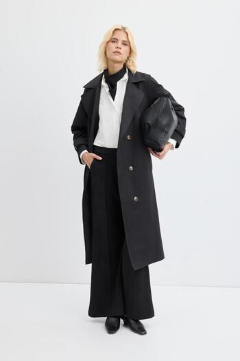 KADRİYE BAŞTÜRK Double-Breasted Collar Lined Long Trench Coat Black