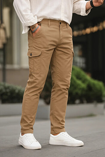 DAMGA JEANS Men's Loose Fit Stretchy Brown Cargo Pocket Pants