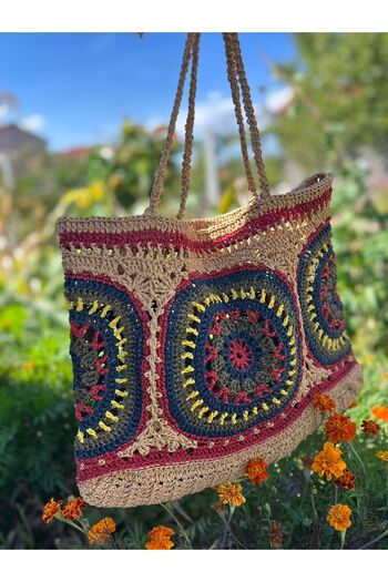 Patiska Tasarım Handmade Large Straw Knitted Beach Bag – Unlined Colorful Bohemian Shoulder Bag for Summer