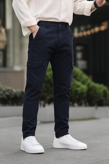DAMGA JEANS Men's Loose Fit Stretchy Navy Cargo Pocket Trousers