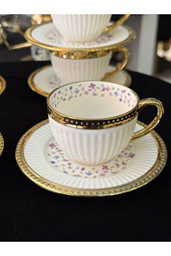 LOKMAN ZÜCCACİYE 6-Piece Porcelain Line Model Flower Motif Coffee Cup Set