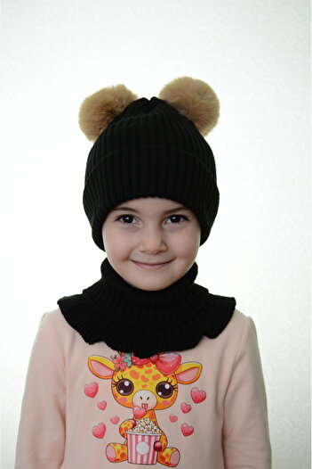 Sevimli Girl's Beret Neck Collar Suit with Double Pompom 4-10 Years Old