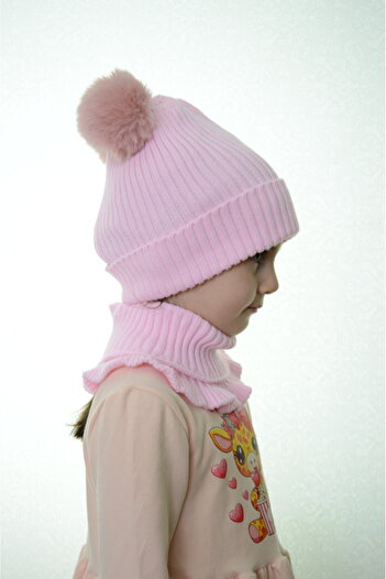 Sevimli Girl's Beret Neck Collar Suit with Double Pompom 4-10 Years Old