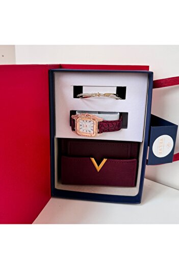 velve JESOU COLLECTION women's gift set, ladies watch, wallet and bracelet 19x14cm, Burgundy