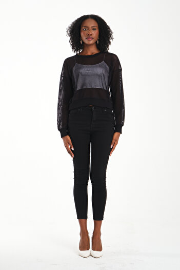 BY PAPI Long Sleeve Crew Neck Mesh Blouse