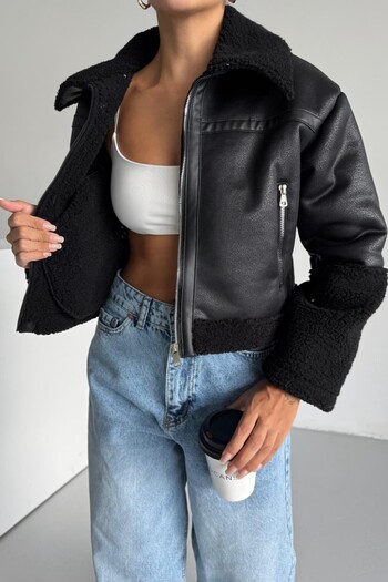 moda armanc Women's Plush Detailed Crop Biker Faux Leather Coat