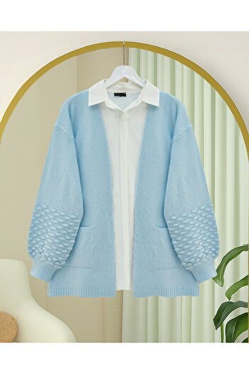 Modamorfo Double Pocket Pompom Knit Cardigan - Baby Blue