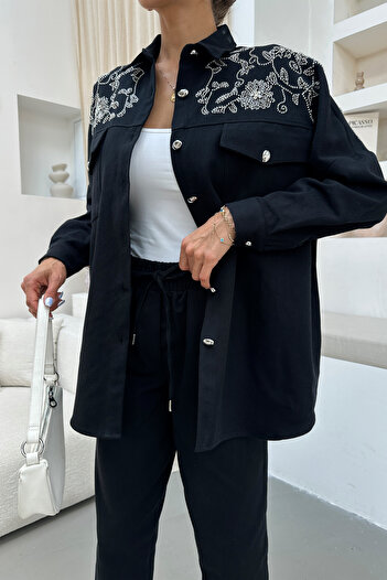 MİA NOURA Women's Embroidered Front and Back Gabardine Shirt and Pants Set