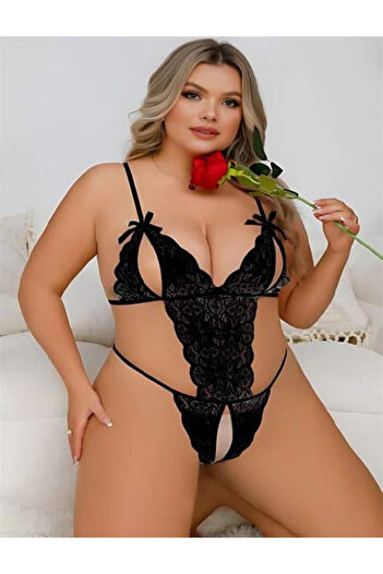 civetta Plus Size Black Lace Embroidered Low-Cut Fancy Babydoll