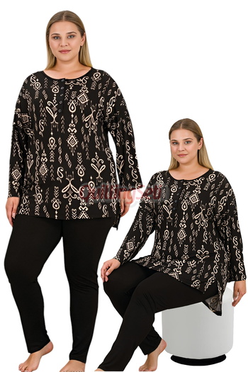 quilling 11429 Women's Long Sleeve Plus Size Mom Pajama Set with Black Color and Ethnic Pattern