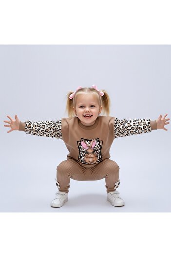 Beray Bebe Girls' Set with Leopard Patterned Sleeves and Rabbit Printed Ribbed Leggings