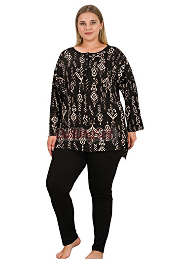quilling 11429 Women's Long Sleeve Plus Size Mom Pajama Set with Black Color and Ethnic Pattern