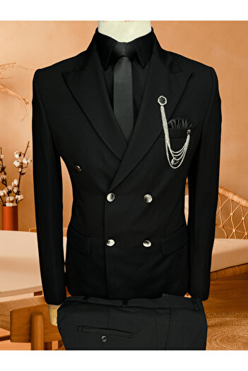 ABBA Slim Fit Double Breasted Suit Striped